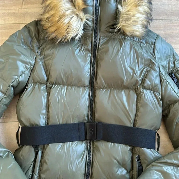 S13 Chalet Belted Faux Fur Trim Down-Fill Hooded Puffer Jacket Dark Green Sz M - Picture 5 of 14